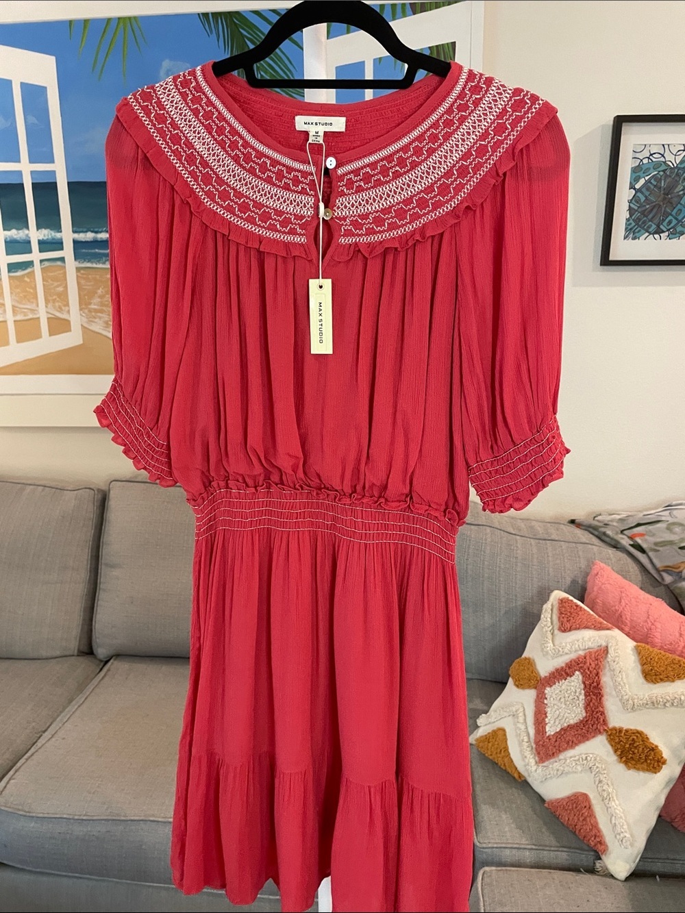 Max Studio Coral Pink Embroidered Yoke Midi Dress